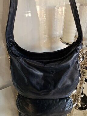 Vintage Pinky Blue Leather Shoulder Bag with Gold Stud Accents